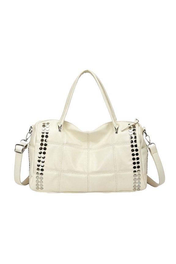 PU Leather Rivet Tote Bag Motorcycle Satchel Detachable Strap Metal Studs Quilted Accents Fits 11 Inch Tablet For Daily Commute Short Trips (White)