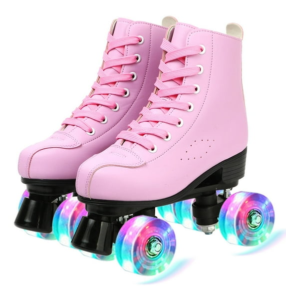 JUANYU Pink Roller Skates for Women and Girls, Light up 4 Wheels Kids Skates,Youth 4/Women's 4.5/Men's 4