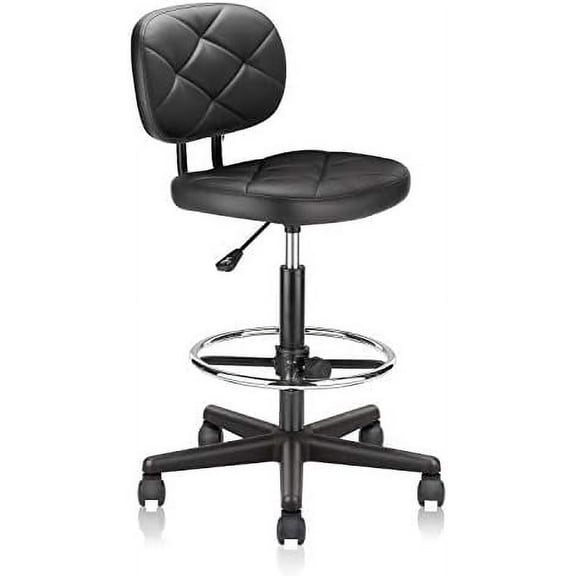 PU Leather Rolling Bar Stool with Wheels and Back, Tall Drafting Stool with Adjustable Height and Footrest, Multi-Purpose Office Desk Chair for Home Kitchen Shop Work, Black (1PK)