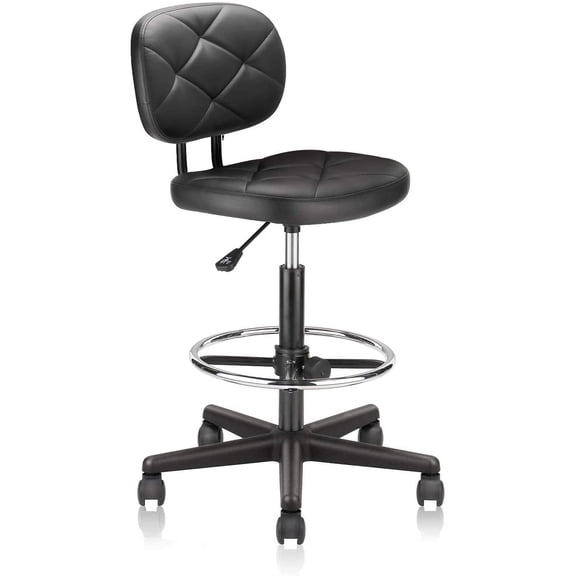 PU Leather Rolling Bar Stool with Wheels and Back, Tall Drafting Stool with Adjustable Height and Footrest, Multi-Purpose Office Desk Chair for Home Kitchen Shop Work, Black (1PK)