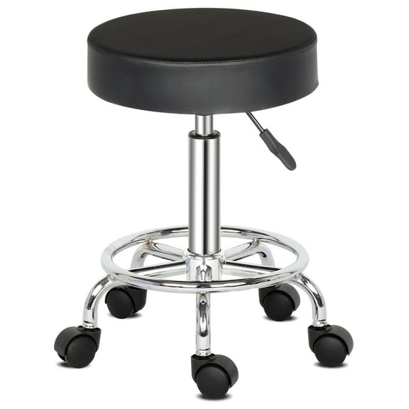 PU Leather Rolling Stool, Adjustable Stool Chair with Wheels and Footrest, Upholstered Shop Stool for SPA Salon Home Bar, Black