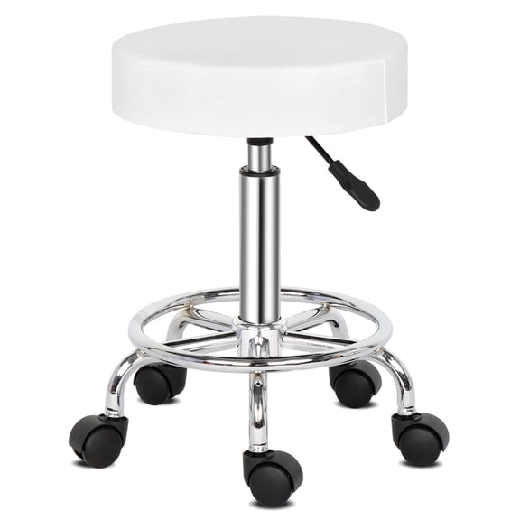 PU Leather Rolling Stool, Adjustable Stool Chair with Wheels and Footrest, Upholstered Shop Stool for SPA Salon Home Bar, White