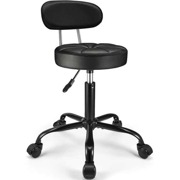 PU Leather Rolling Stool with Back Support Height Adjustable Swivel Stool Chair with Wheels Drafting Chair for Spa Slaon Massage Stable Base Foot Black