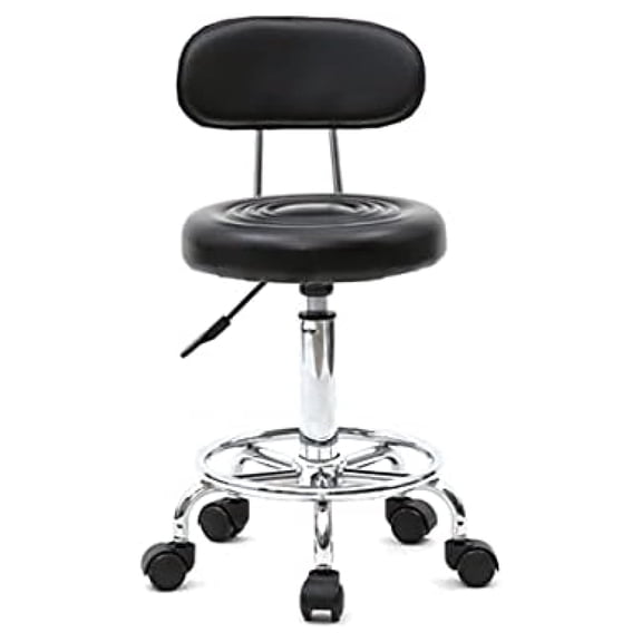 PU Leather Round Rolling Salon Stool with Back and Line, with Foot Rest Swivel Height Adjustment Spa Drafting Salon Work Office Massage Stools Task Chair Small (Black)