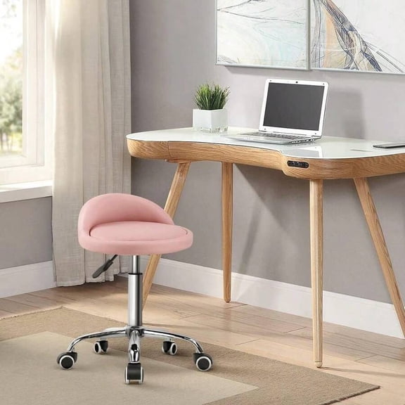 Pink PU Leather Round Rolling Stool With Backrest Height Adjustable 360 Swivel Task Chair With Wheels