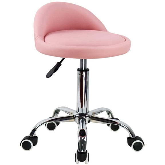 PU Leather Round Rolling Stool with Back Rest Height Adjustable Swivel Drafting Work SPA Task Chair with Wheels Pink