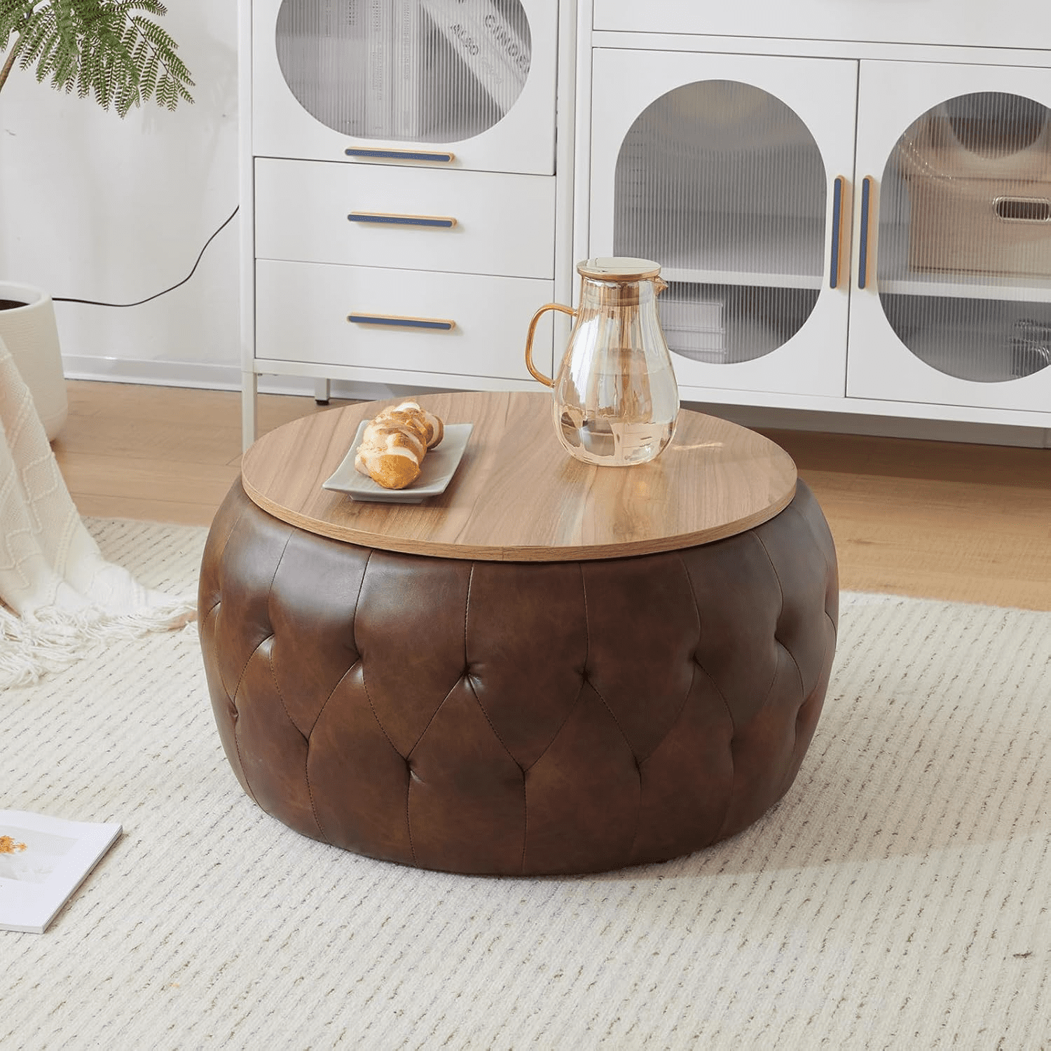 PU Leather Round Storage Ottoman with Wooden Lid 25 Inch Tufted Circle Ottoman Footrest Stool ...