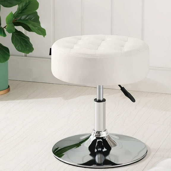 PU Leather Round Vanity Stool Chair Makeup Stool Adjustable Swivel Ottoman Stool  ,Ivory white