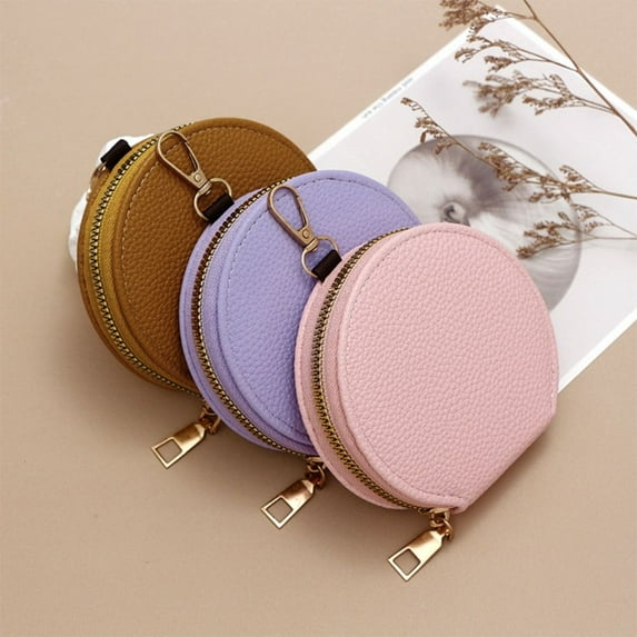 PU Leather Round Wallet with Chain Solid Color Coin Purse Zipper Card Holder Women Girls