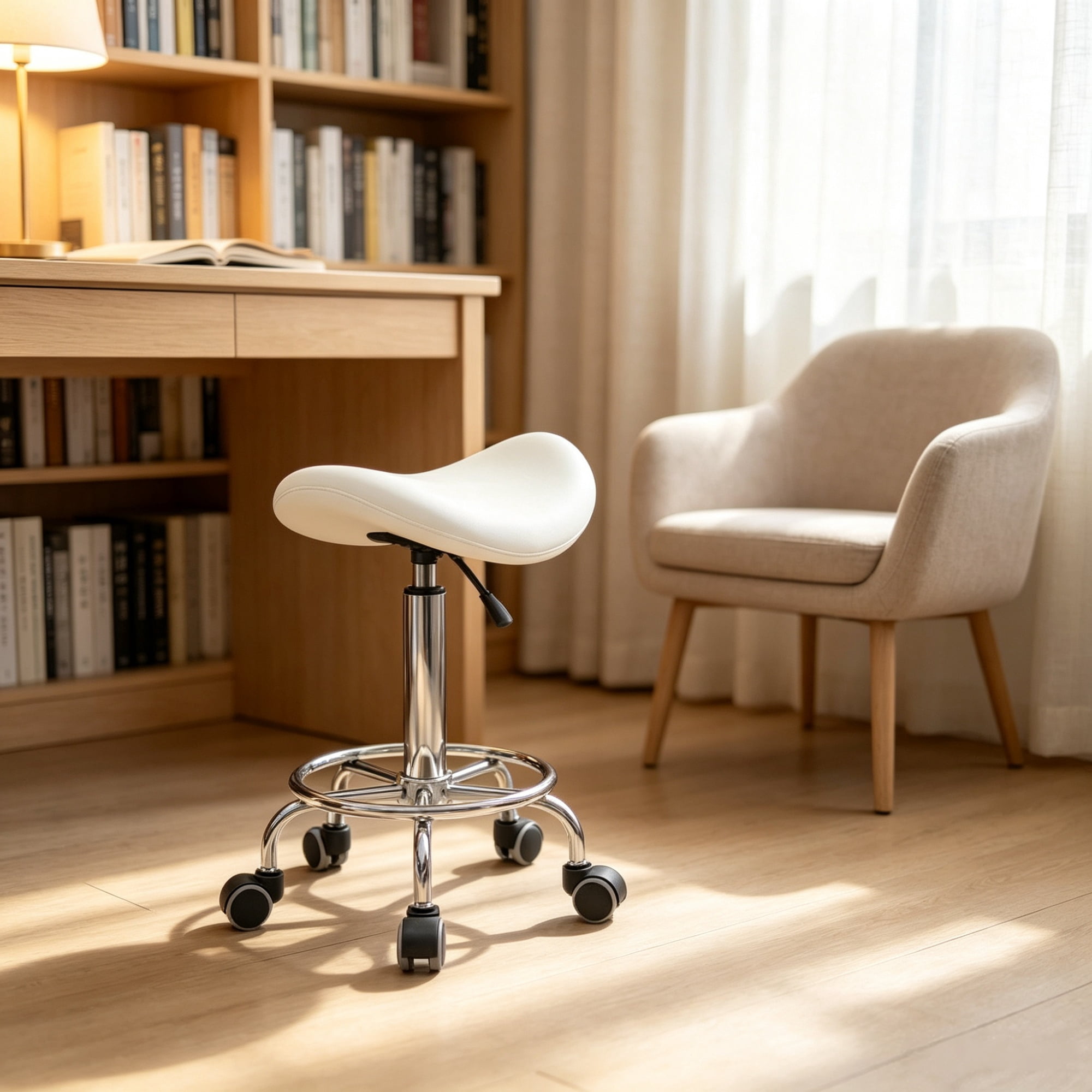 PU Leather Saddle Rolling Stool, Adjustable Height with Wheels for Massage, Spa, Beauty Tattoo, White