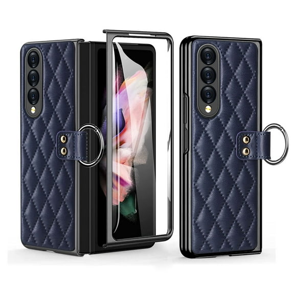 PU Leather for Samsung Galaxy Z Fold 3 Case with Ring, Luxury Soft Skin Feel Phone Case with Electroplating Frame, Shockproof Protective Cover for Samsung Galaxy Z Fold 3 5G,Blue