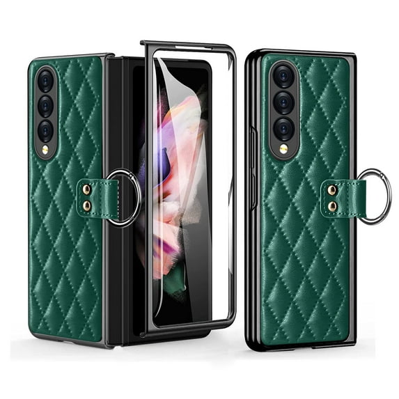 PU Leather for Samsung Galaxy Z Fold 3 Case with Ring, Luxury Soft Skin Feel Phone Case with Electroplating Frame, Shockproof Protective Cover for Samsung Galaxy Z Fold 3 5G,Darkgreen