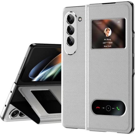 PU Leather for Samsung Galaxy Z Fold 5 4 3 5G Case Window View Hole for Free Answer Call &Time View,Kickstand Function,Full Protection Slim Men Cases Cover (Lichee White,Z Fold 3)