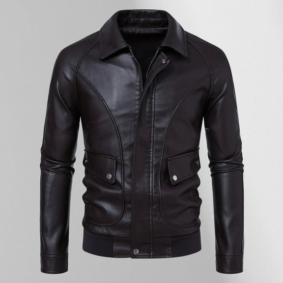 PU-Leather Shirts for Men with Pockets and Collar Long Sleeve Zip Up Jackets Trendy Solid Color Slim-Fit Streetwear Motorcycle Outerwear Tops