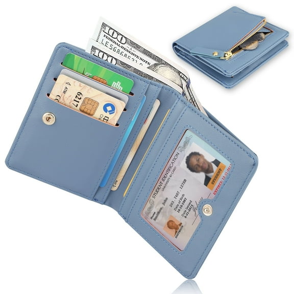 PU Leather Short Wallet for Women, EEEkit Bifold Wallet, Ladies Purses Small Wallet, Card Holder Zipper Coin Pocket, Zip-Around Security Wallet Travel Case, Blue