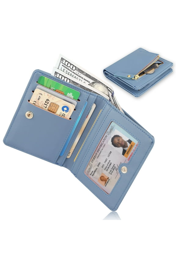 PU Leather Short Wallet for Women, EEEkit Bifold Wallet, Ladies Purses Small Wallet, Card Holder Zipper Coin Pocket, Zip-Around Security Wallet Travel Case, Blue