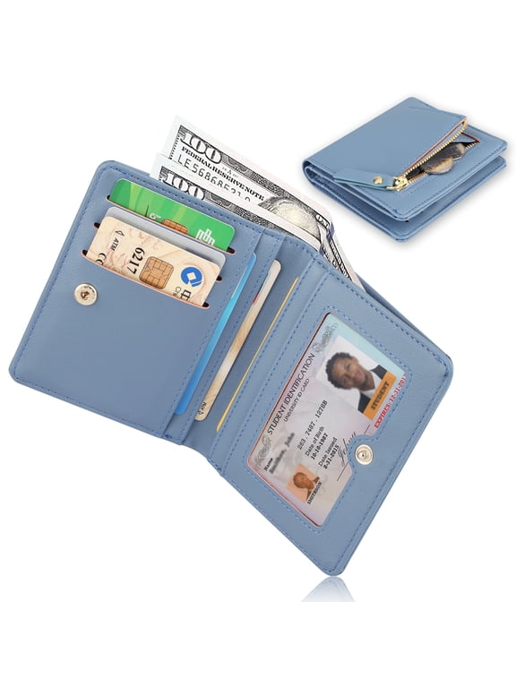 PU Leather Short Wallet for Women, EEEkit Bifold Wallet, Ladies Purses Small Wallet, Card Holder Zipper Coin Pocket, Zip-Around Security Wallet Travel Case, Blue