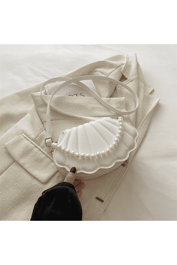 PU Leather Shoulder Bag Pearl Chain Women Hobo Bag Seashell Handbag (White)-White