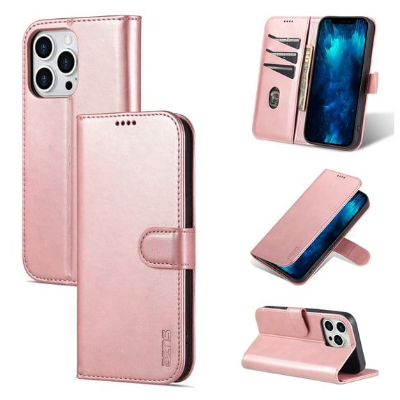 PU Leather Slim Case for iPhone 14 Pro 5G 2022 (6.1 inch), Allytech Card Slots Magnetic Closure and Stand Folio Wallet TPU Bumper Case for Apple iPhone 14 Pro, Rosegold