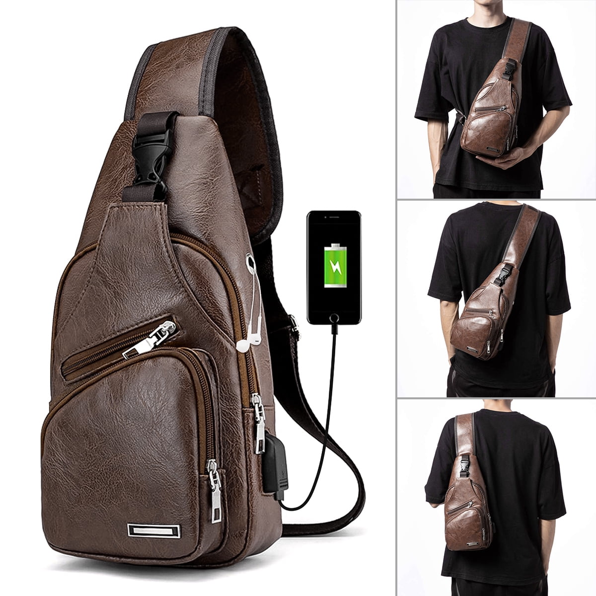 PU Leather Sling Bag Men Chest Shoulder Crossbody Backpack with USB ...