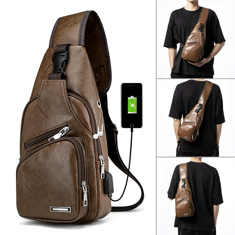 PU Leather Sling Bag Men Chest Shoulder Crossbody Backpack with USB Charging Port for Travel Hiking