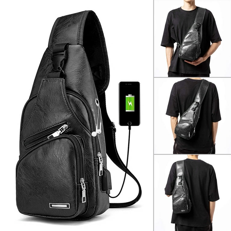 Men's Leather Sling Bag,Chest Shoulder Daypack Waterproof