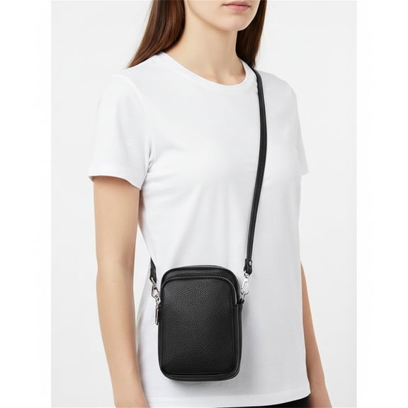 PU Leather Small Crossbody Bag for Women, Lightweight Phone Purse with Adjustable Strap and Three Silver Zipper Compartments(Black Silver)