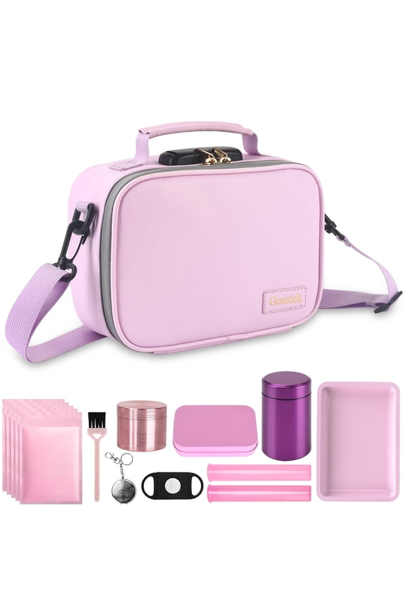 PU Leather Smell Proof Bag with 10PCS Accessories, Portble Smell Proof Locking Box Case (Pink)