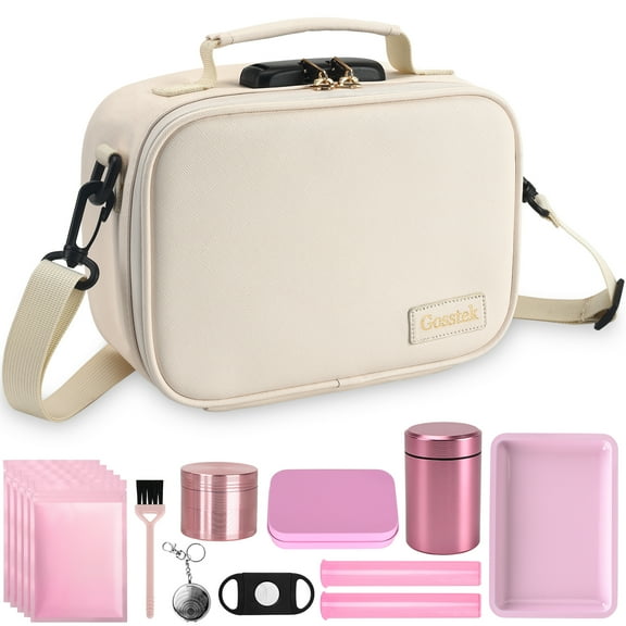 PU Leather Smell Proof Bag with 10PCS Accessories with Combination Lock Money Bag Certificates Organizer Lock Bag Travel Storage bag 9 X 6 X 4 inches for Home and Travel (Beige)