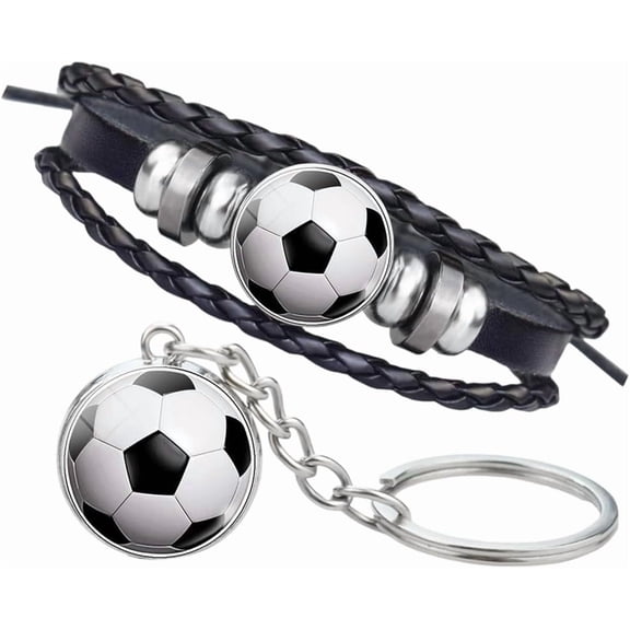 PU Leather Soccer Bracelet Adjustable Bradided Leather Wrap Wristband Black Layered Football Themed Cuff Arm Aromor with Glass Pendant Keyring for Party Favors Women Men Accessories for DIY