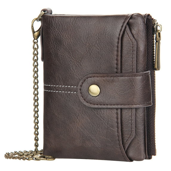 PU Leather Soft Bifold Wallets for Men Purse Keychain Zip Wallet with Chain - coffee