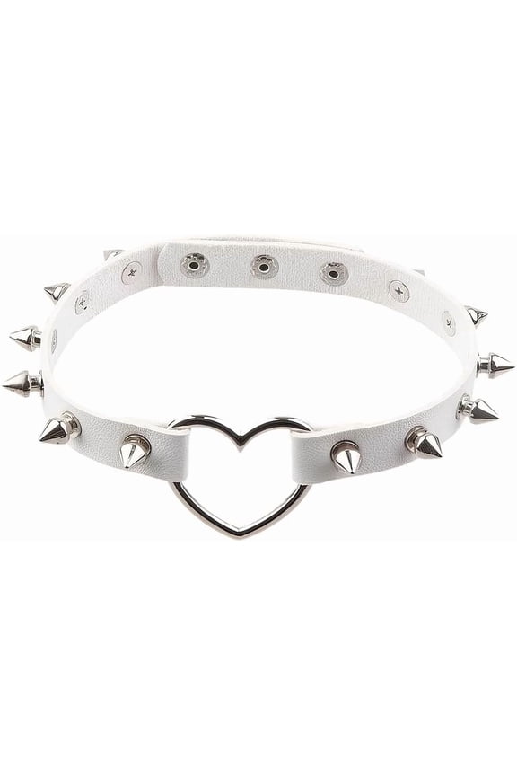 PU Leather Spiked Choker Collar Punk Rock Alloy Hollow Heart Necklace Gothic Studded Rivets Choker Cosplay Jewelry Collar Chain Necklace Decorations for Women Party Cosplay Decorations (White)
