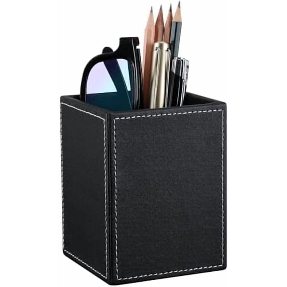 PU Leather Square Pens Pencils Holder Cup Desktop Stationery Organizer Case Office Accessories Container Box (black)