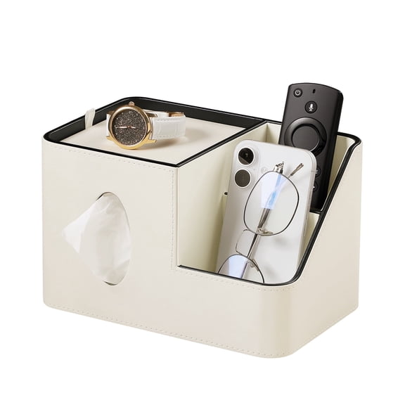 PU Leather Square Tissue Box Cover with Magnetic Closure, Tissue Holder with Storage Tray & Remote Control Organizer, for Nightstand, Living Room, Bathroom, Office Desk(White)