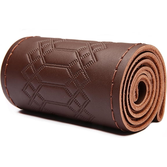 PU Leather Steering Wheel Cover 15 Inch, Universal Fit DIY Stitch on Wrap for Car, Breathable Anti-Slip Sewn Steering Wheel Wrap with Needle Thread (Dark Brown)