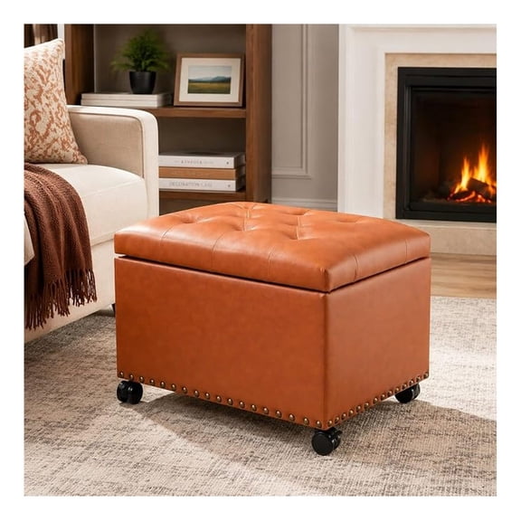 PU Leather Storage Ottoman, 24" Tufted Footrest - Rolling Ottoman with Nailhead Trim, Living Room Organizer (Orange Brown, Wheels)