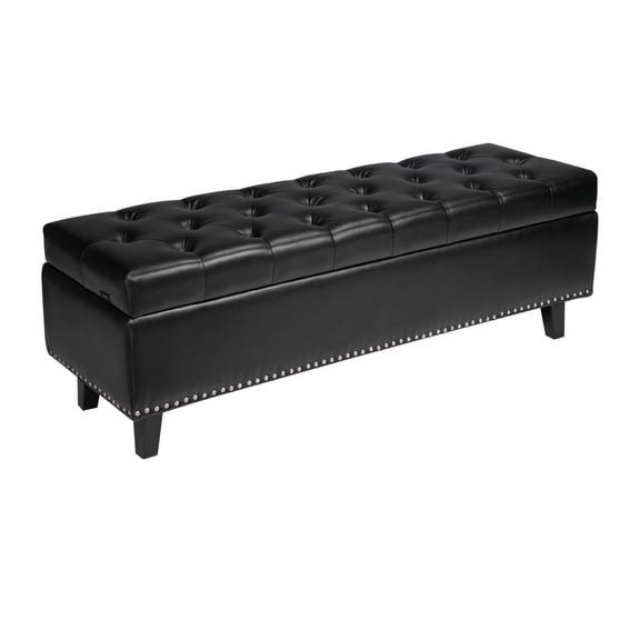 PU Leather Storage Ottoman Bench, Button-Tufted Bench with Wood Legs - Black, 51.4" Bedroom Entryway Bench with Hidden Storage