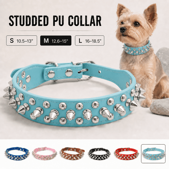 PU Leather Studded Dog Collar with Rounded Bullets Spikes and Adjustable Metal Buckle, Punk Style Pet Neck Collar for Cats, Small Medium Large Dogs, Daily Walking, Costumes, Light Blue, Medium