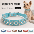 thumbnail image 1 of PU Leather Studded Dog Collar with Rounded Bullets Spikes and Adjustable Metal Buckle, Punk Style Pet Neck Collar for Cats, Small Medium Large Dogs, Daily Walking, Costumes, Light Blue, Large, 1 of 3