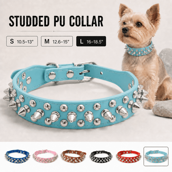 PU Leather Studded Dog Collar with Rounded Bullets Spikes and Adjustable Metal Buckle, Punk Style Pet Neck Collar for Cats, Small Medium Large Dogs, Daily Walking, Costumes, Light Blue, Large