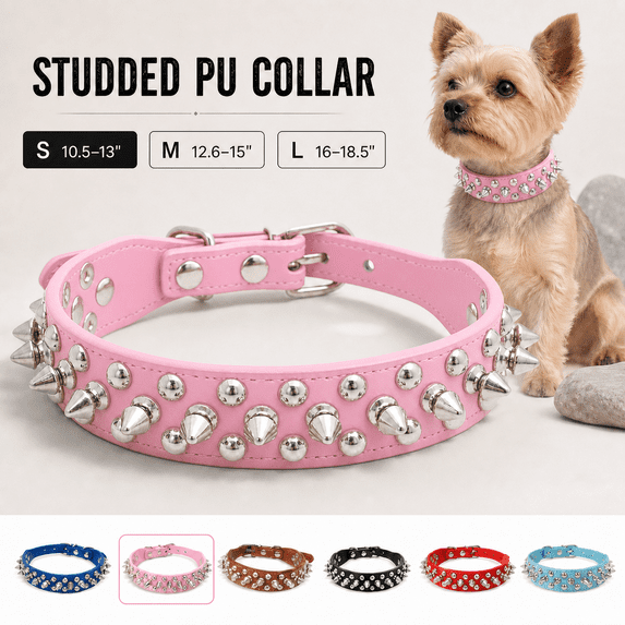 PU Leather Studded Dog Collar with Rounded Bullets Spikes and Adjustable Metal Buckle, Punk Style Pet Neck Collar for Cats, Small Medium Large Dogs, Daily Walking, Costumes, Pink, Small