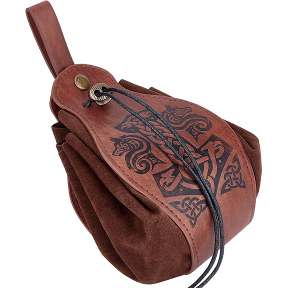 PU Leather & Suede Fabric Belt Pouch Waist Bag with Drawstring Chru Mace Pattern Coconut Brown 71cm