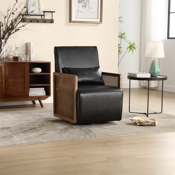 PU Leather Swivel Chair, Single Sofa Chair with Rattan Armrests and Waist Pillow, Modern Upholstered Accent Chair for Living Room, Bedroom, Game Room, Home Office
