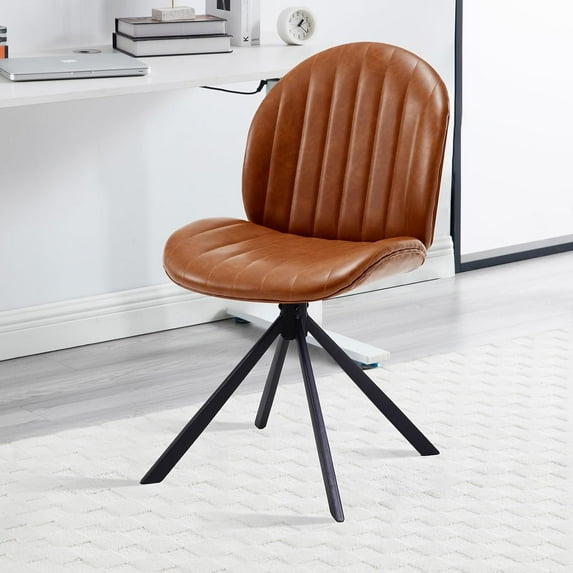 PU Leather Swivel Office Chair No Wheels, Small Comfy Mid Century Armless Desk Chair, Cute Swivel Vanity Chairs No Wheels for Small Spaces, Bedroom,Living Room,Home Office, Brown