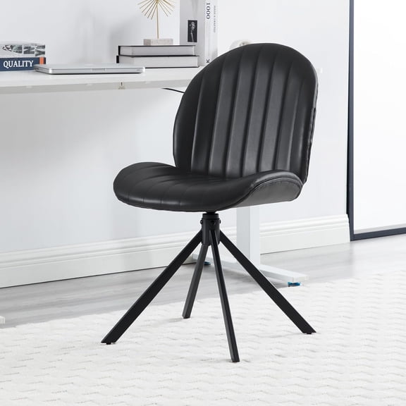 PU Leather Swivel Office Chair No Wheels, Small Comfy Mid Century Armless Desk Chair, Cute Swivel Vanity Chairs No Wheels for Small Spaces, Bedroom,Living Room,Home Office, Black