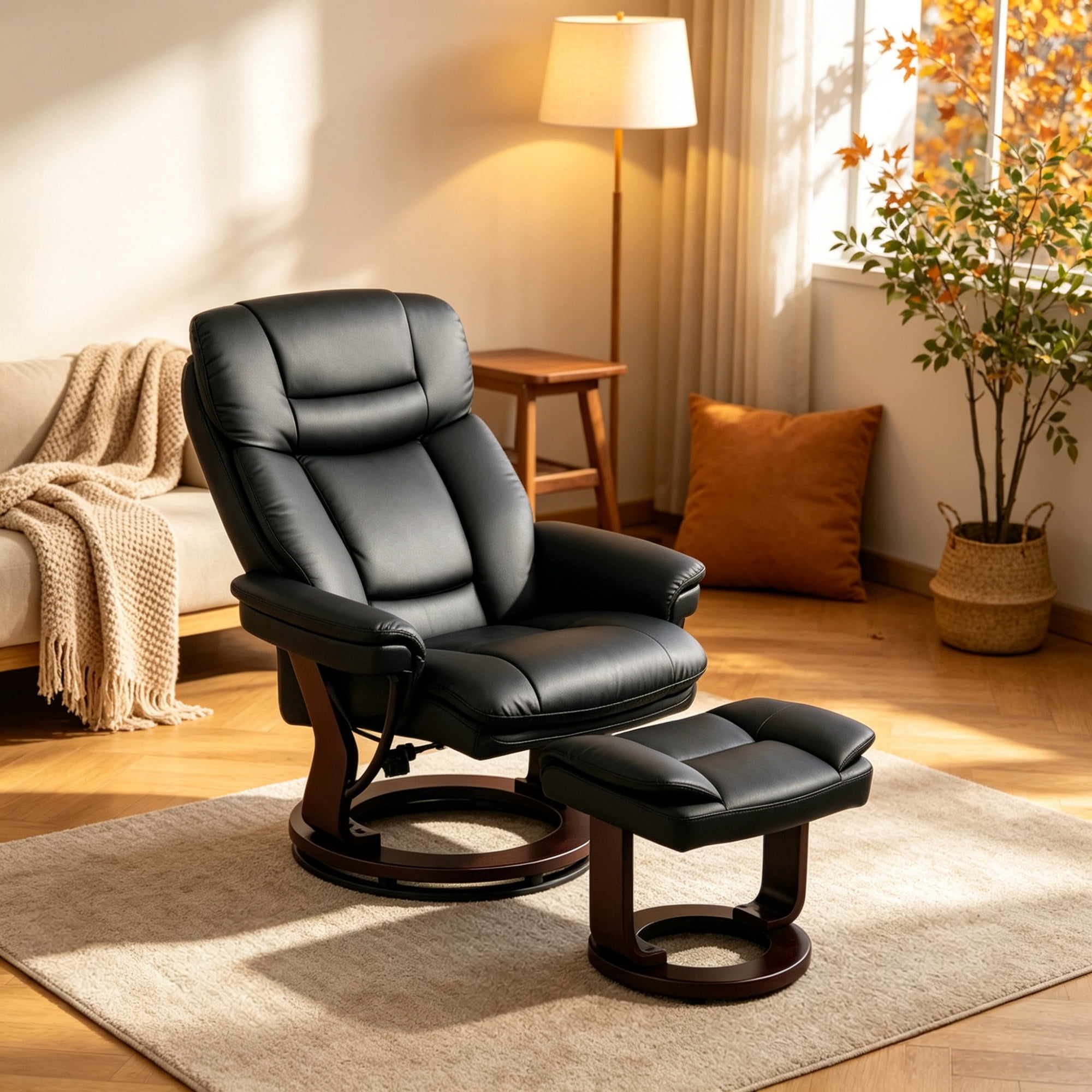 PU Leather Swivel Recliner with Footrest, Black