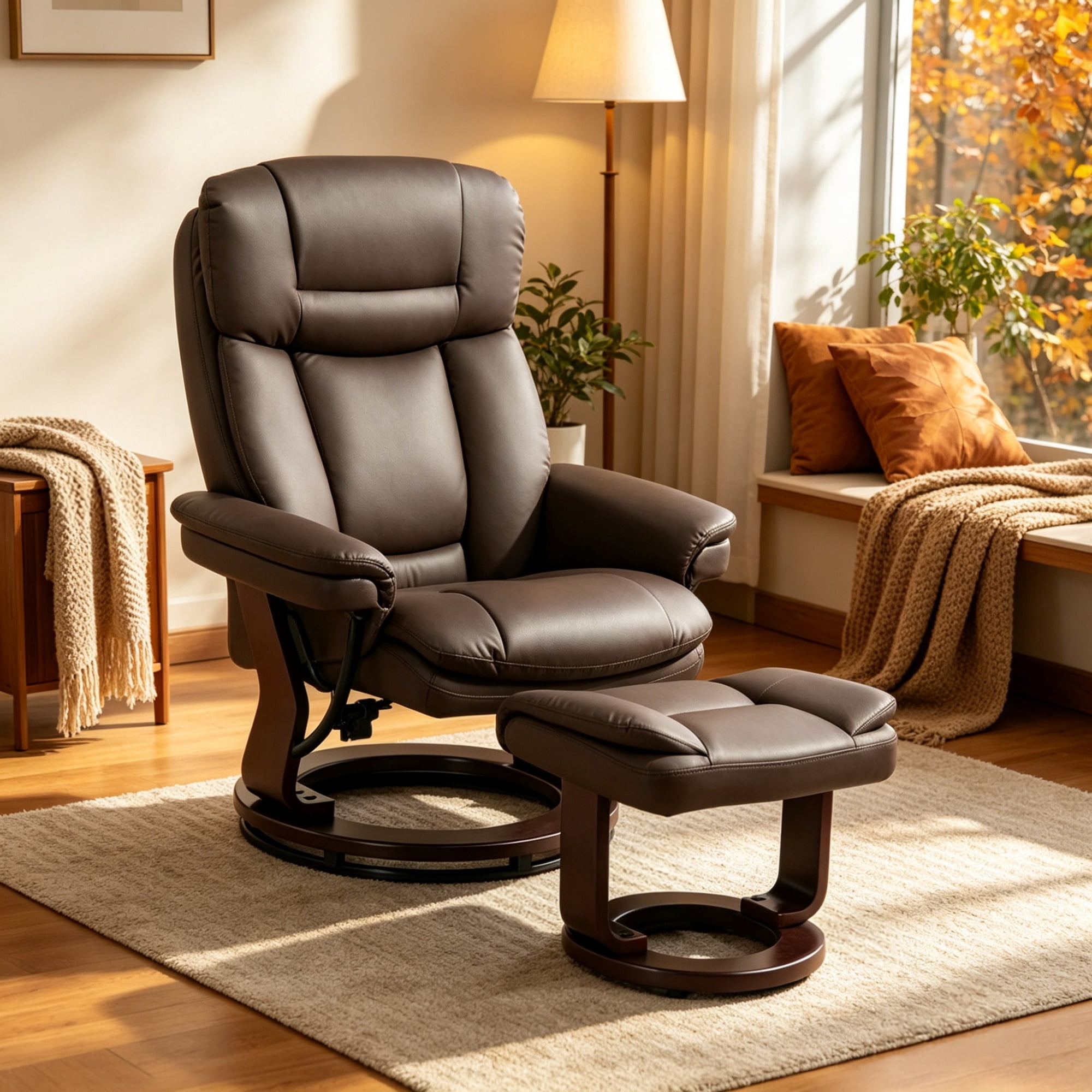 PU Leather Swivel Recliner with Footrest, Dark Brown