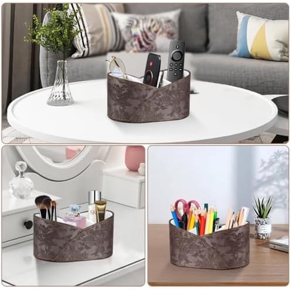 PU Leather TV Remote Control Holder, 3 Compartments Remotes Caddy for DVD, Blu-Ray, Media Player, Heater Controllers,Bedside Table Desk Organizer and Accessories Storage for Living Room Nightstand