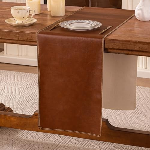 PU Leather Table Runner 71×13 Inches Long,Brown Vintage Waterproof Coffee/Tea Mats,Vagen Leather Tablerunner for Dining Table/Living Room/Bed Decor