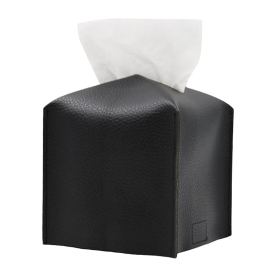 PU Leather Tissue Box Cover 5.12" Square, Decorative Tissue Holder with Bottom Belt for Bathroom, Car, Office, Hotel & Tabletop Organizer, Black